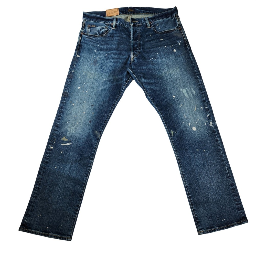 Polo RL‎ Varick Slim Straight Jeans Men 34x30 Distressed Paint Splatter NWT